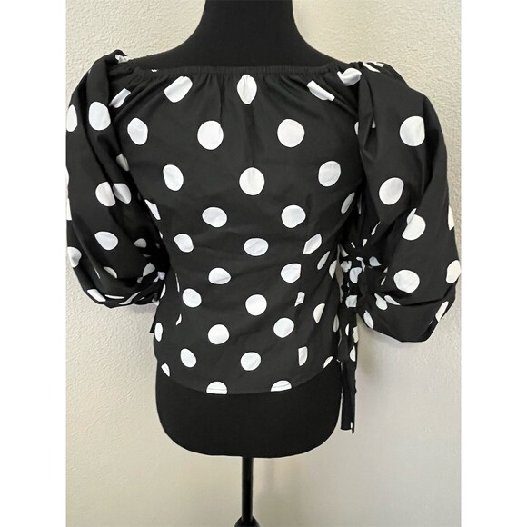 Caroline Constas Blouse Womens M Black White Polka Dot Puff Sleeve - Picture 2 of 6